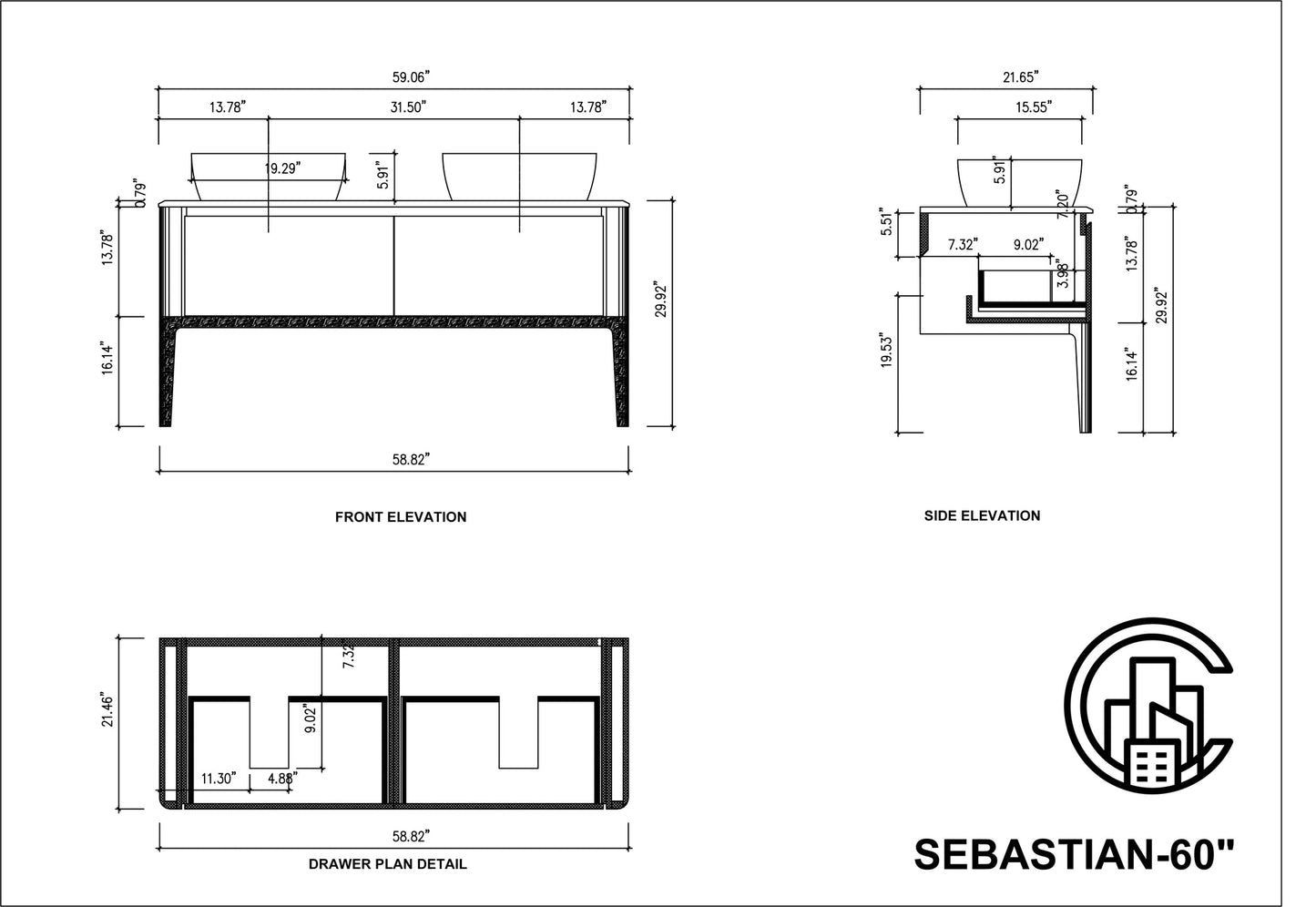 SEBASTIAN 60” GLOSS WHITE DUAL MOUNT MODERN BATHROOM VANITY