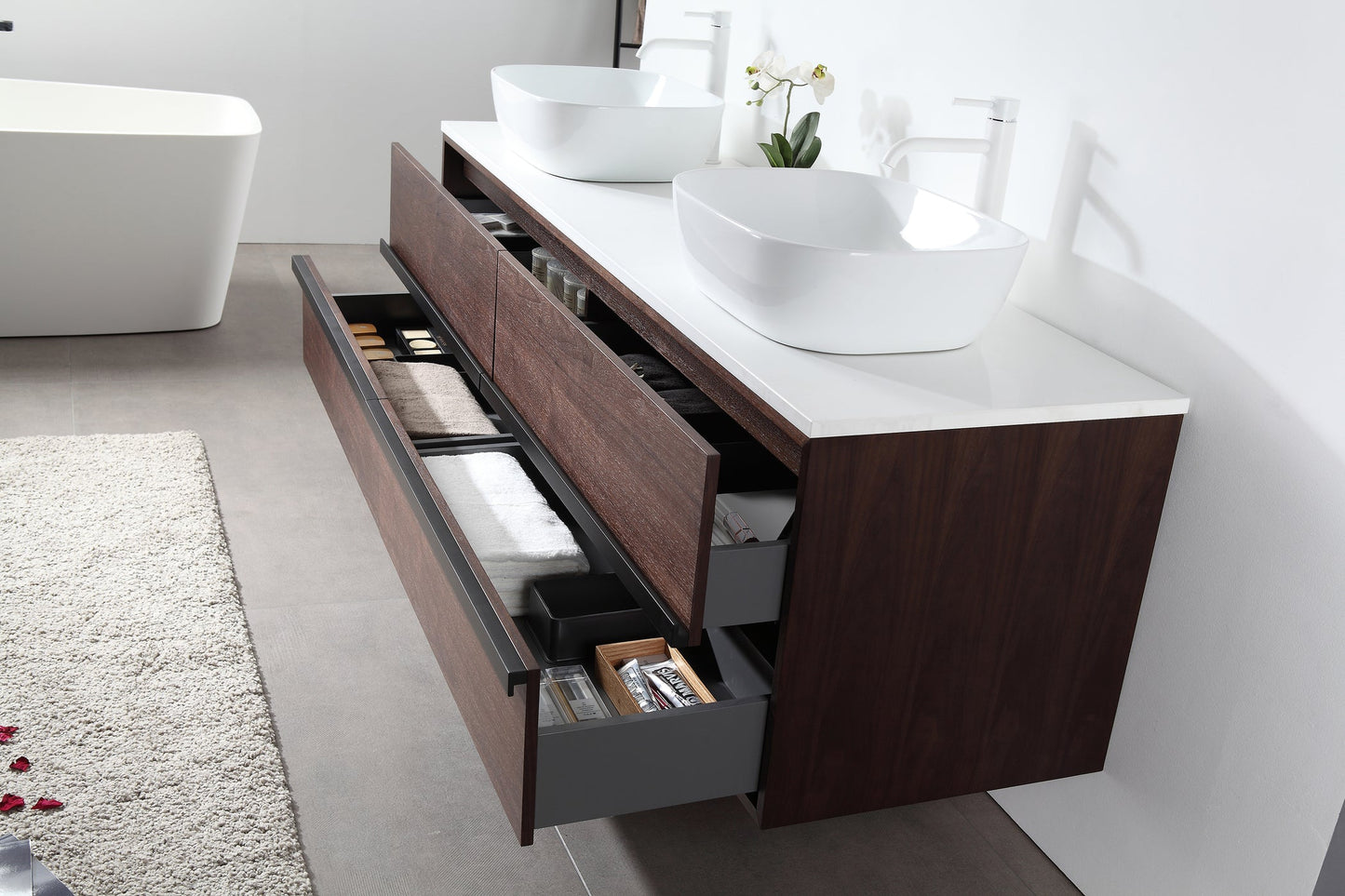 SINTRA 72” DARK WALNUT OAK WALL MOUNT MODERN BATHROOM VANITY