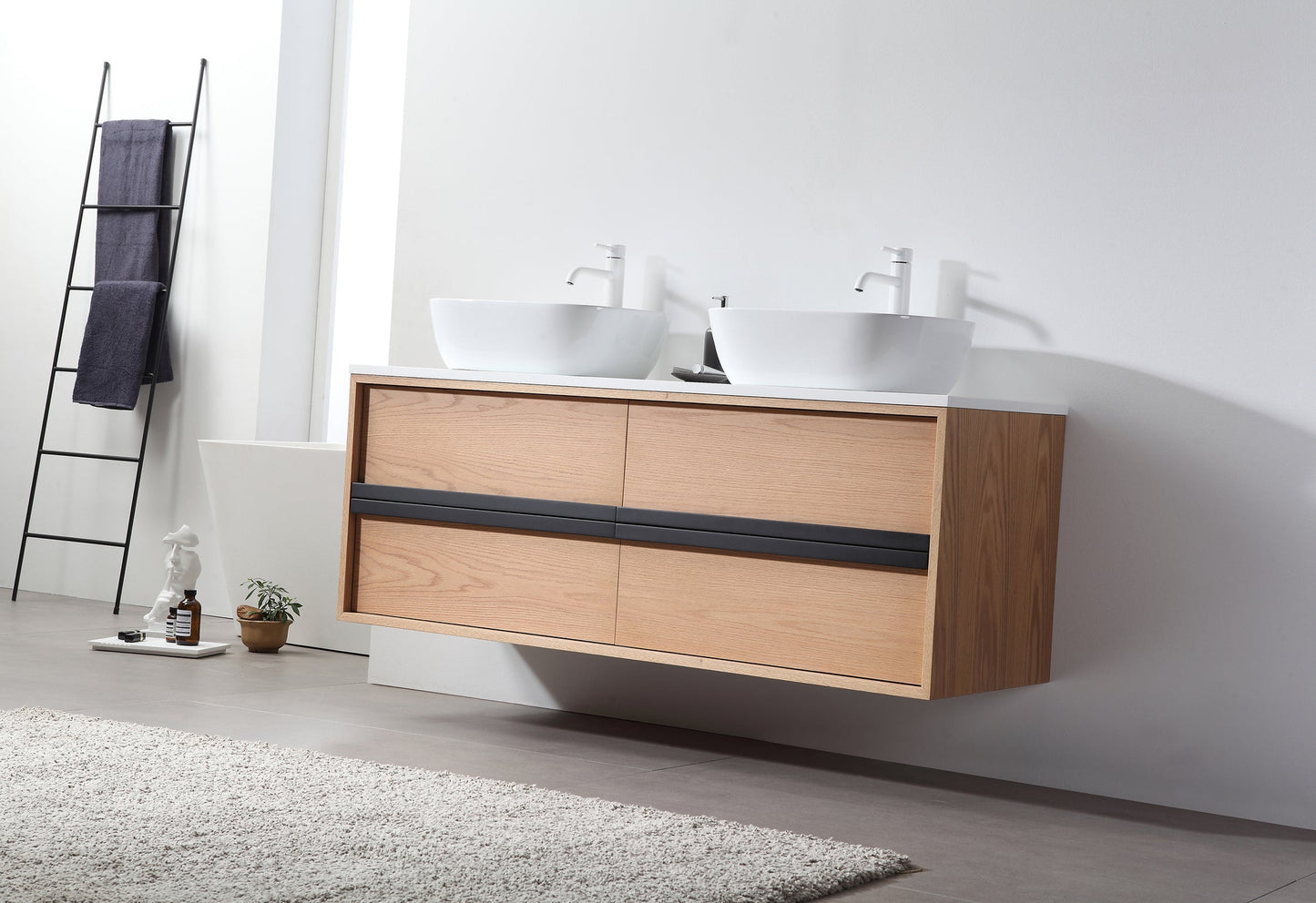 SINTRA 55” WHITEWASH OAK WALL MOUNTED MODERN BATHROOM VANITY