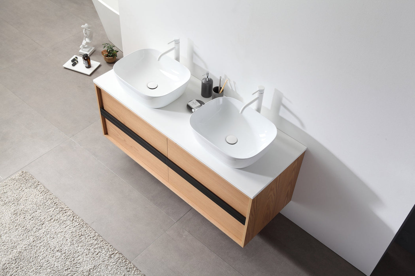 SINTRA 55” WHITEWASH OAK WALL MOUNTED MODERN BATHROOM VANITY