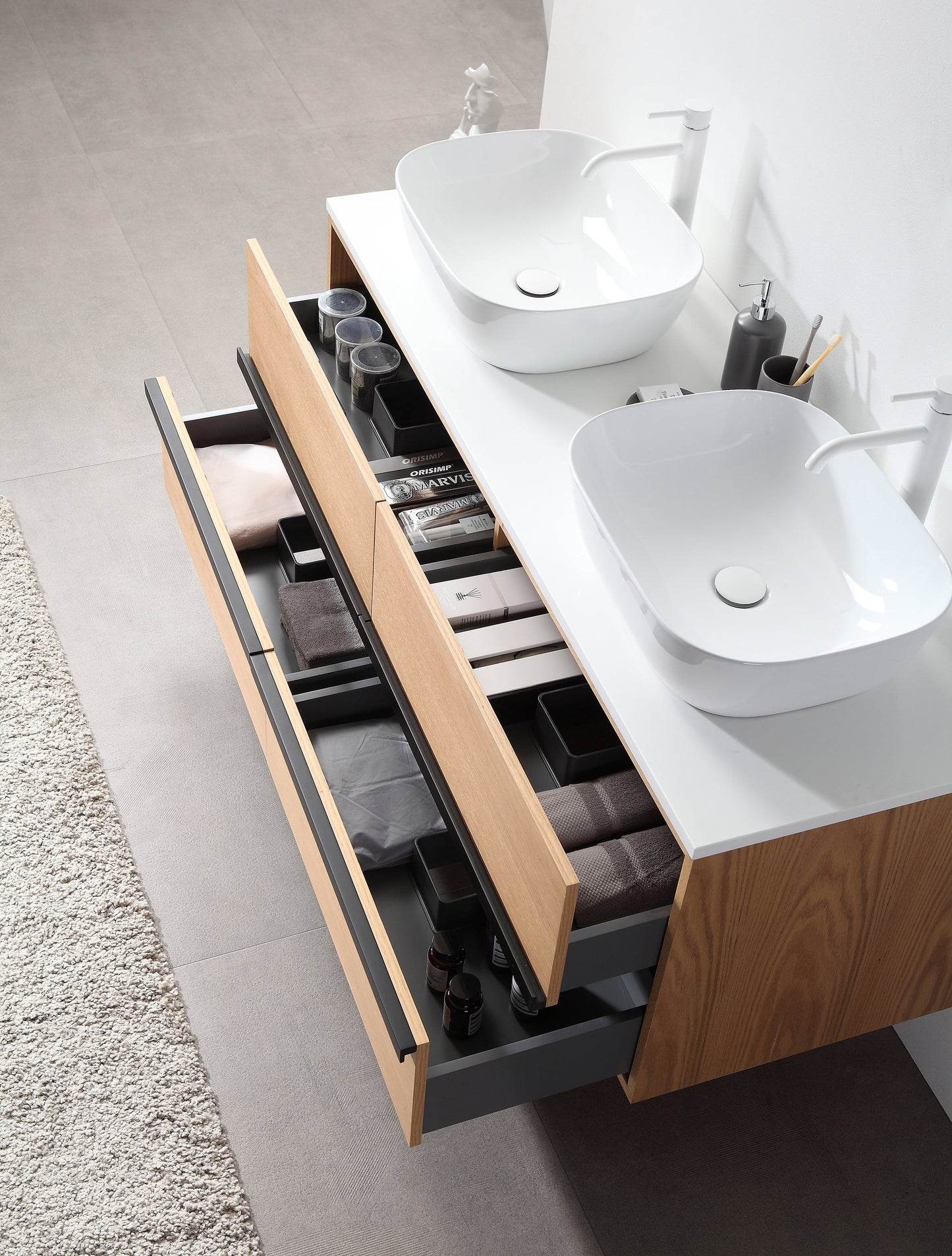 SINTRA 55” WHITEWASH OAK WALL MOUNTED MODERN BATHROOM VANITY