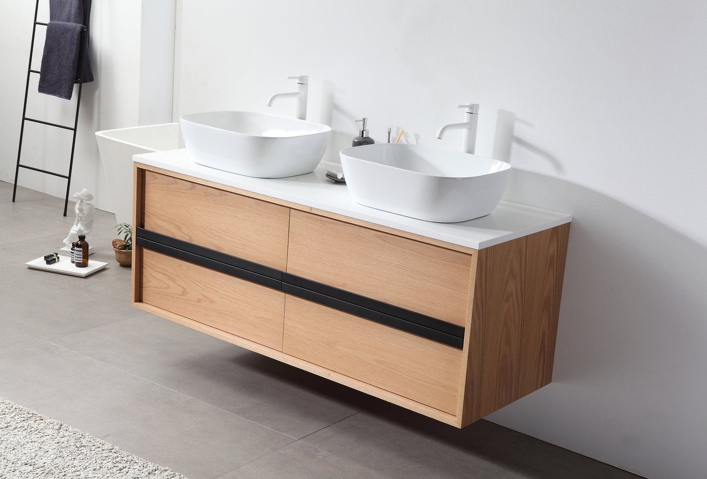 SINTRA 55” WHITEWASH OAK WALL MOUNTED MODERN BATHROOM VANITY