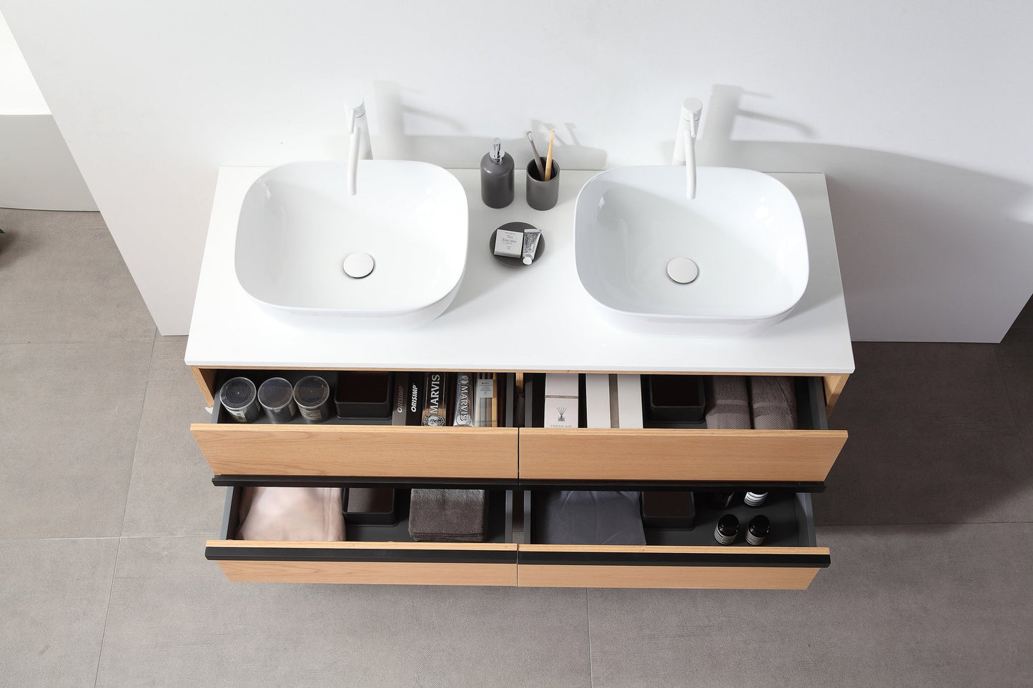 SINTRA 55” WHITEWASH OAK WALL MOUNTED MODERN BATHROOM VANITY