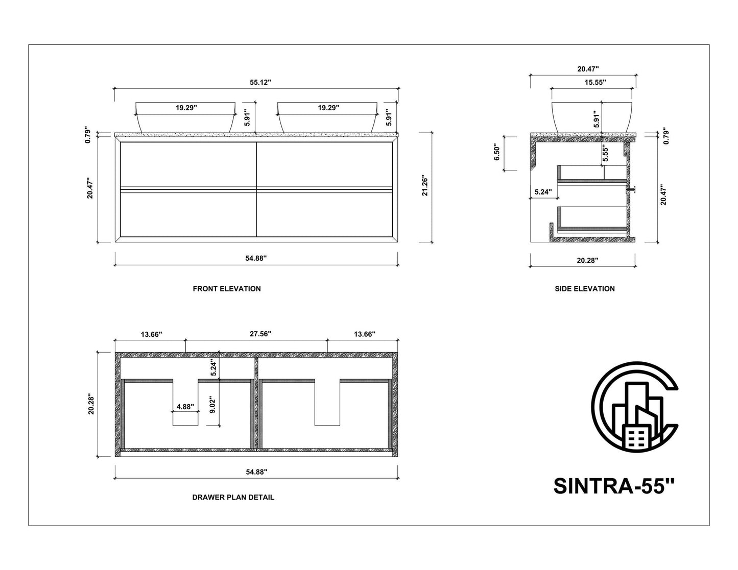 SINTRA 55” DARK WALNUT OAK WALL MOUNTED MODERN BATHROOM VANITY