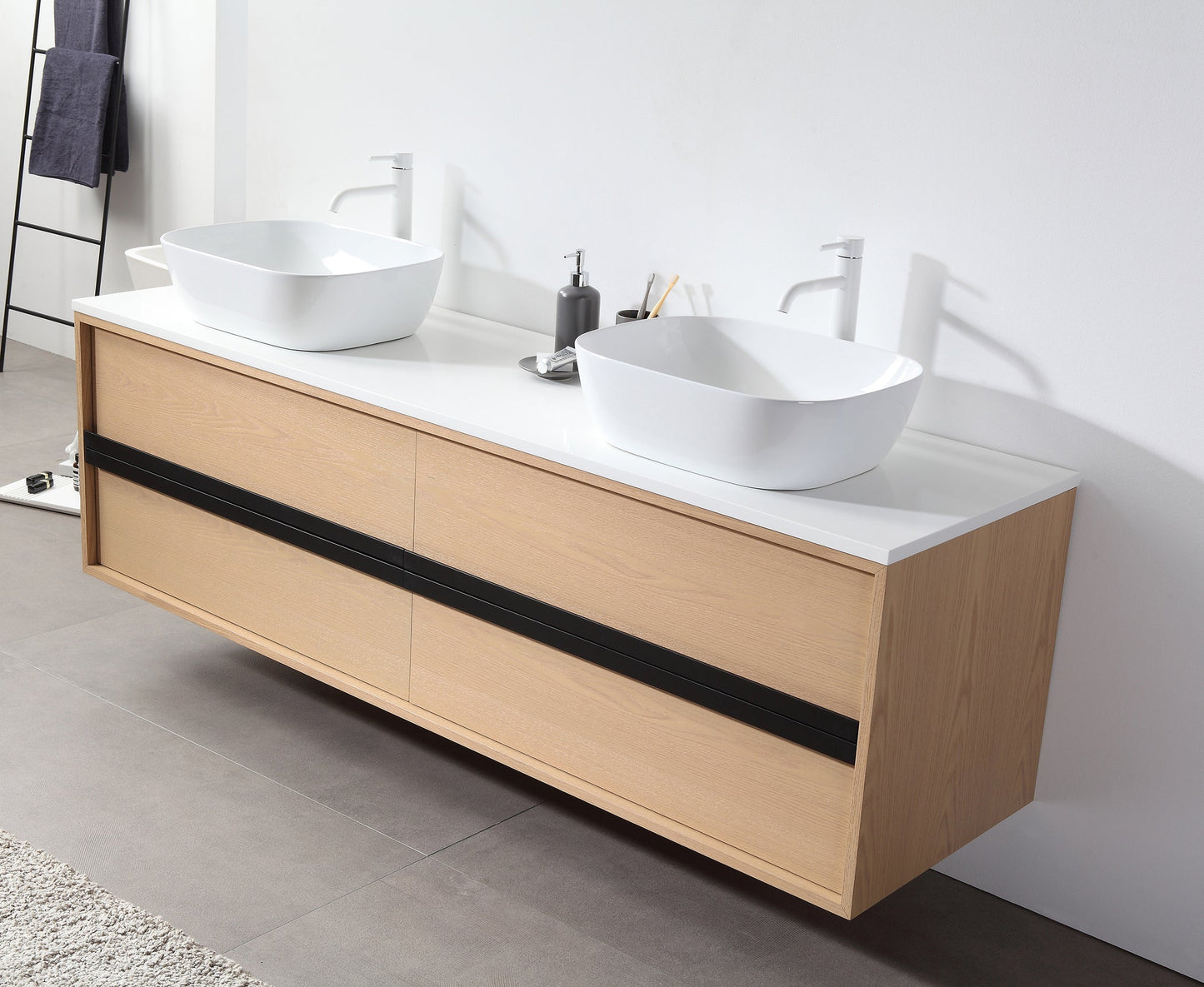SINTRA 72” WHITEWASH OAK WALL MOUNT MODERN BATHROOM VANITY