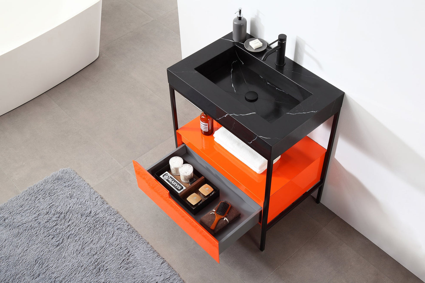 TEXEL 30” RED AMBER/BLACK INDUSTRIAL STYLE FREESTANDING BATHROOM VANITY