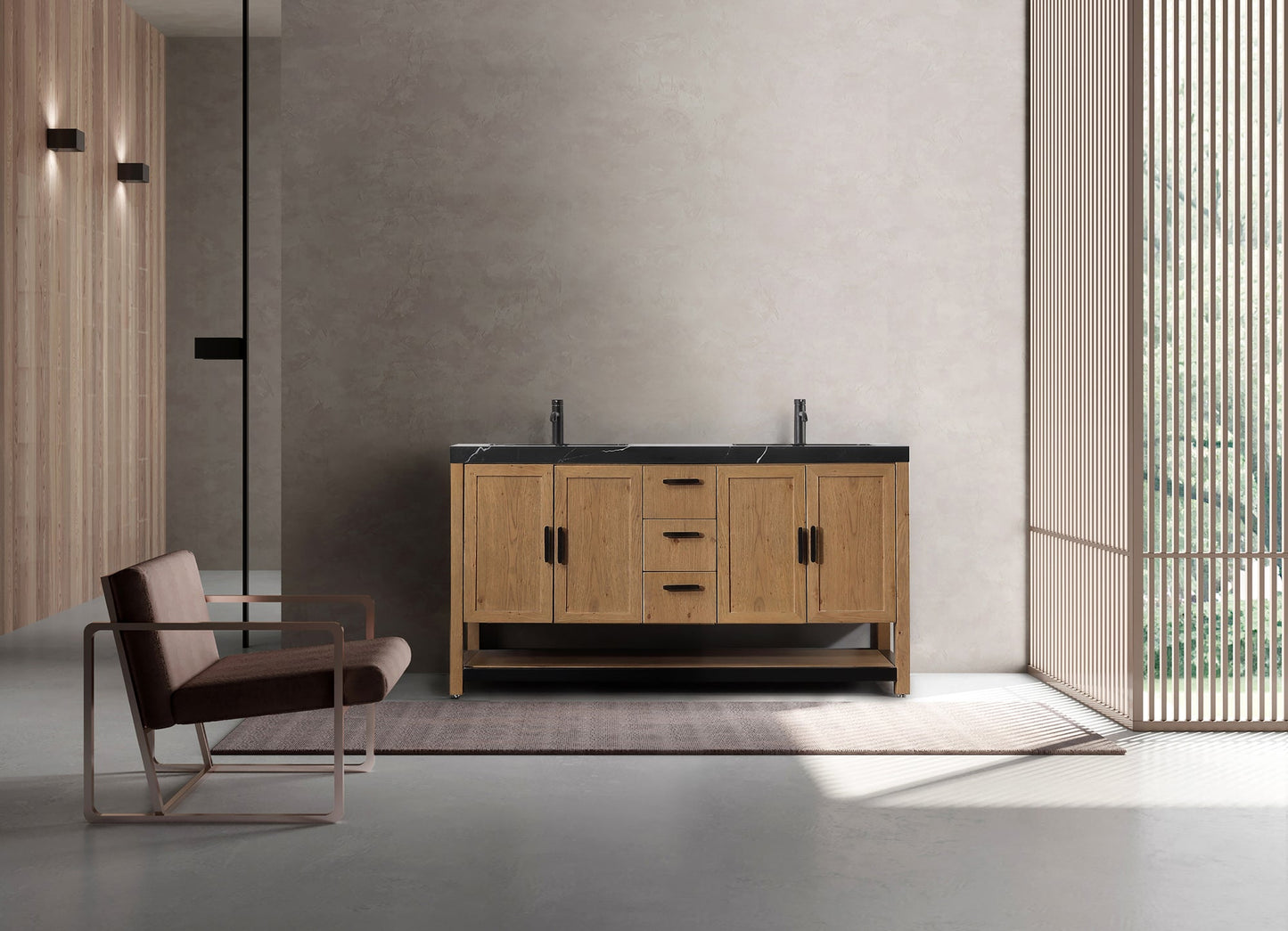WINCHESTER 60” PECAN OAK FREESTANDING MODERN BATHROOM VANITY(BLACK COUNTERTOP)