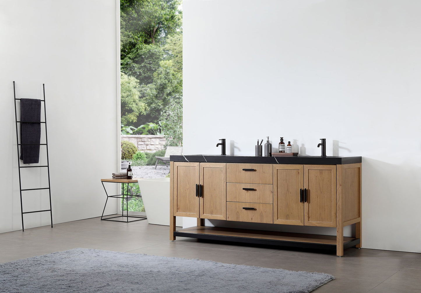 WINCHESTER 72” PECAN OAK FREESTANDING MODERN BATHROOM VANITY(BLACK COUNTERTOP)