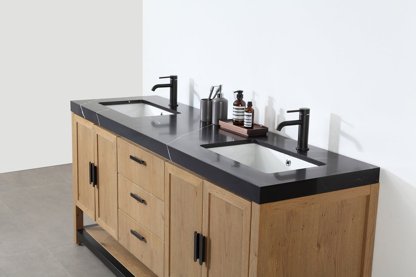 WINCHESTER 72” PECAN OAK FREESTANDING MODERN BATHROOM VANITY(BLACK COUNTERTOP)