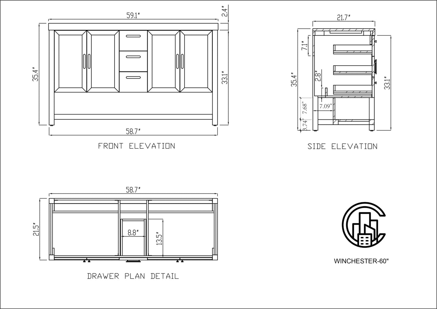 WINCHESTER 60” PECAN OAK FREESTANDING MODERN BATHROOM VANITY(WHITE COUNTERTOP)