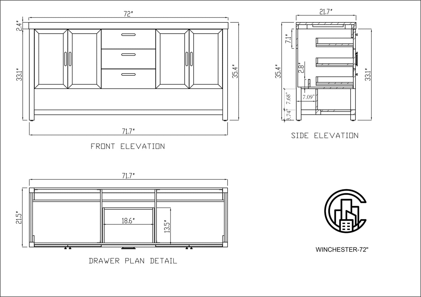 WINCHESTER 72” PECAN OAK FREESTANDING MODERN BATHROOM VANITY(WHITE COUNTERTOP)