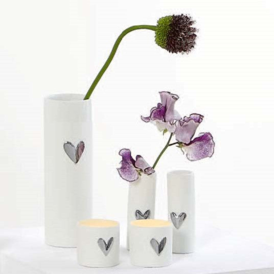 Love Heart Porcelain Vase and Tealight Holder Set of 5 – Modern Gift Set with Gold or Silver Heart Accents