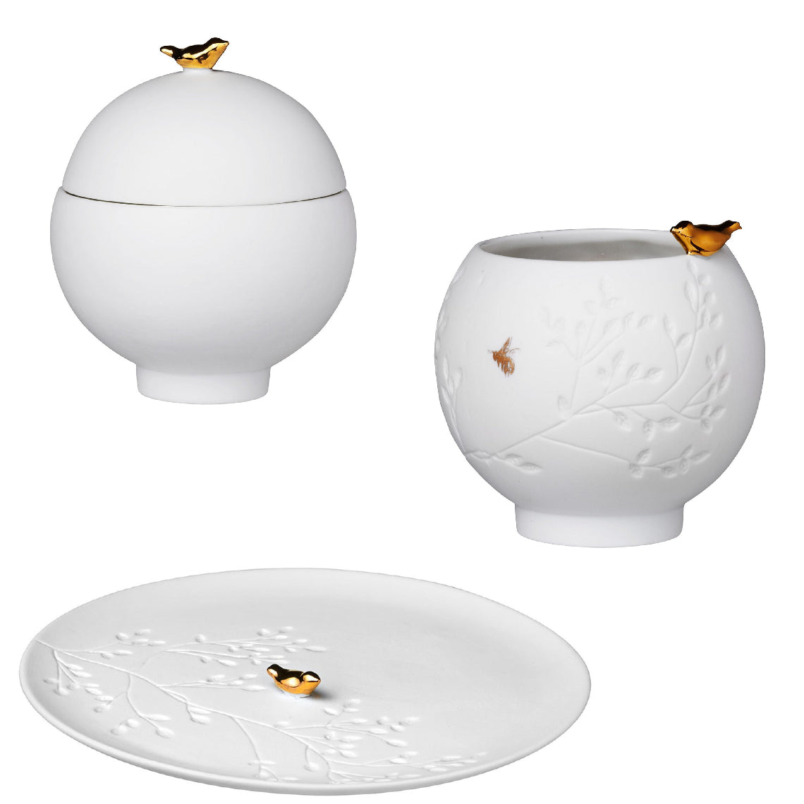 Porcelain Stories Flock of Birds Decorative Set of Canister, Tealight Holder and Plate - White and Gold