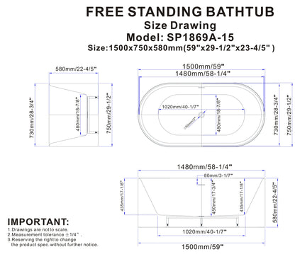CD 60-inch SP-1869 Matte White Modern Freestanding Bathtub (Acrylic)