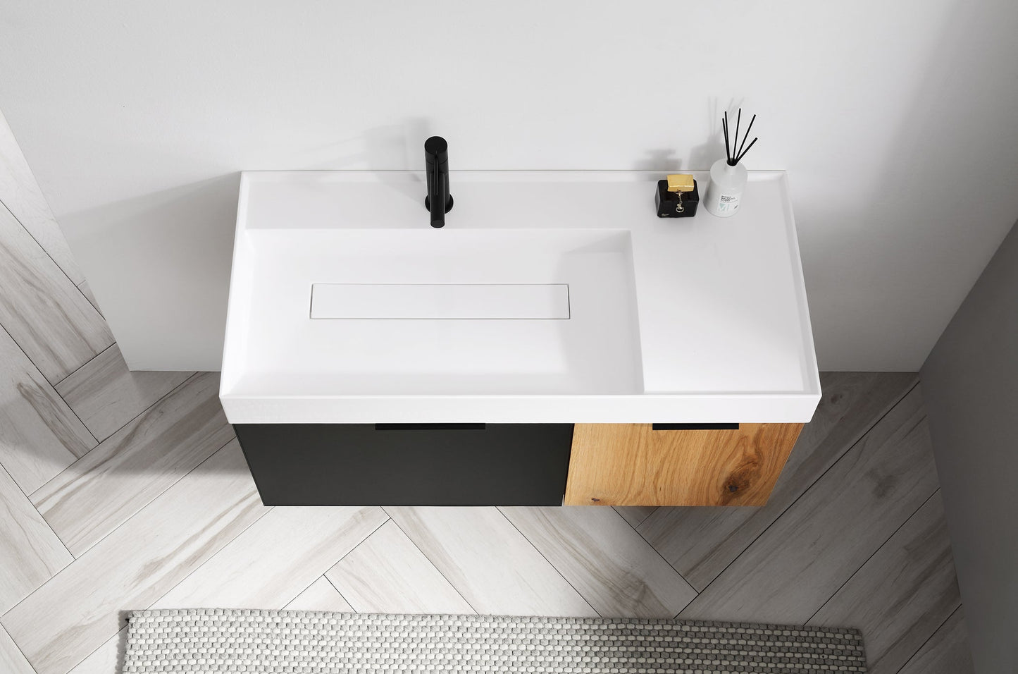 LUGANO 42” MATTE BLACK GLASS/MAPLE WALL MOUNT MODERN BATHROOM VANITY