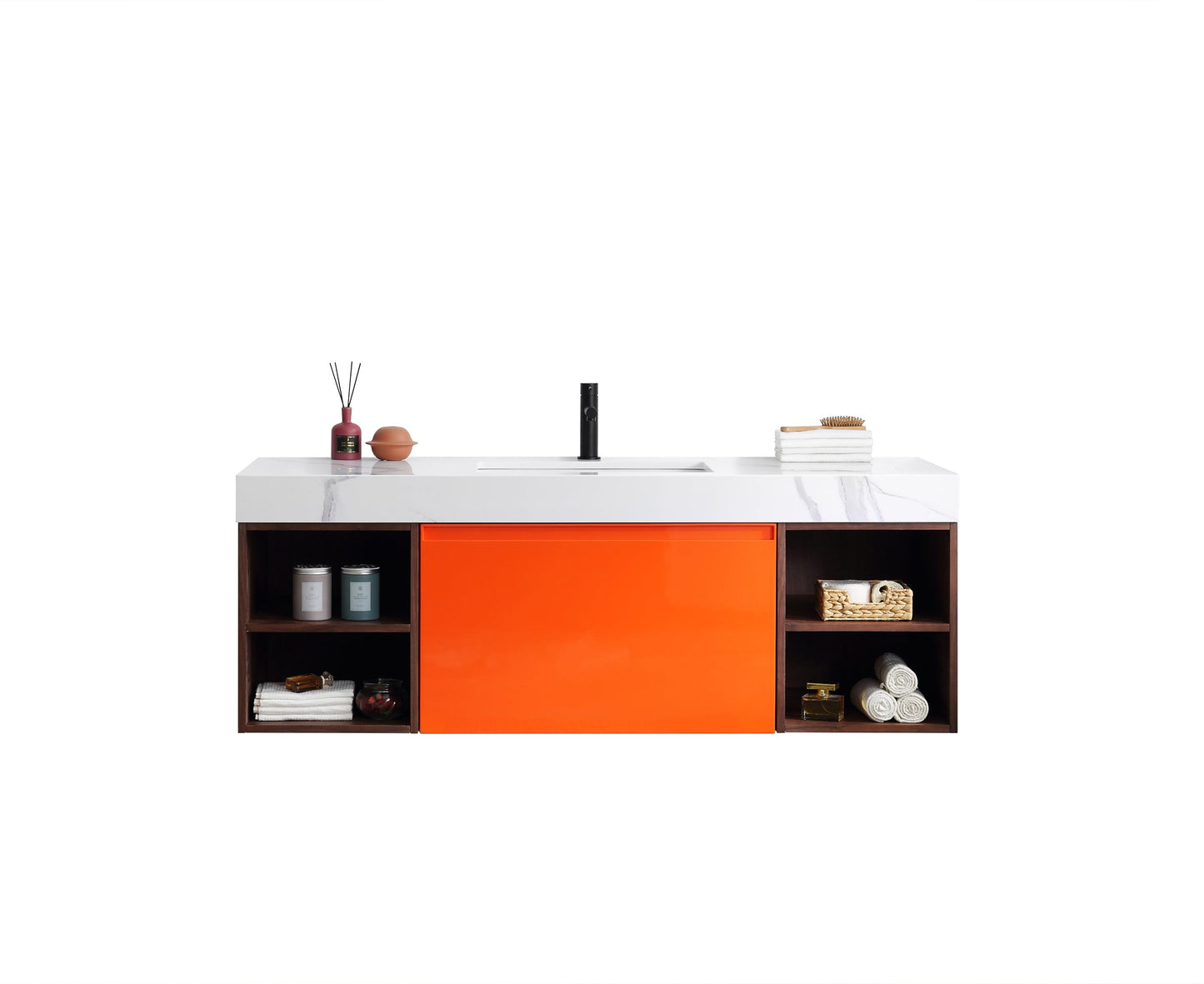MANAROLA 60” RED AMBER/WALNUT WITH THICK QUARTZ WALL MOUNT MODERN BATHROOM VANITY (OPEN SHELVES)