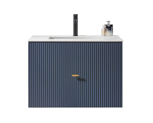 BARCELONA 30” DARK BLUE WALL MOUNT MODERN BATHROOM VANITY (WHITE COUNTERTOP)