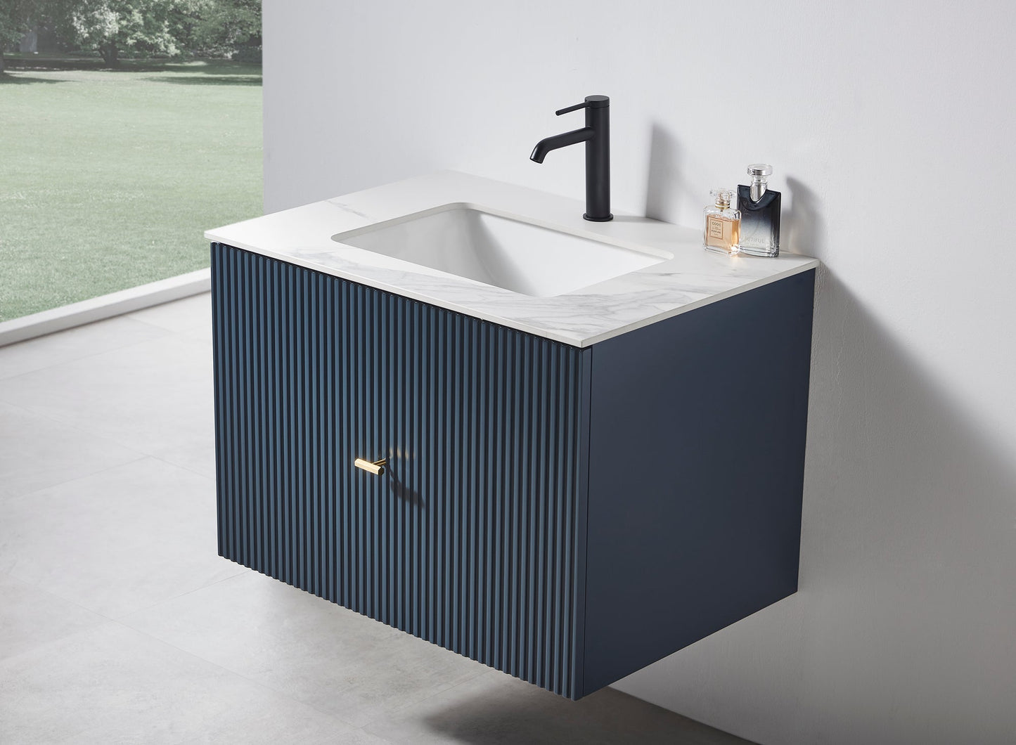 BARCELONA 30” DARK BLUE WALL MOUNT MODERN BATHROOM VANITY (WHITE COUNTERTOP)