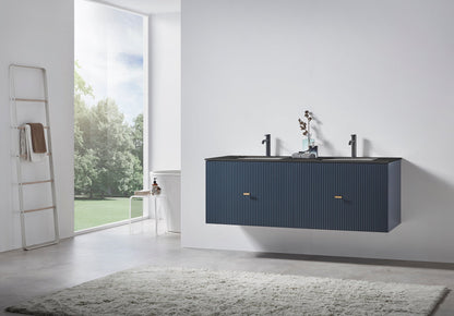 BARCELONA 60” DARK BLUE WALL MOUNT MODERN BATHROOM VANITY (BLACK COUNTERTOP)
