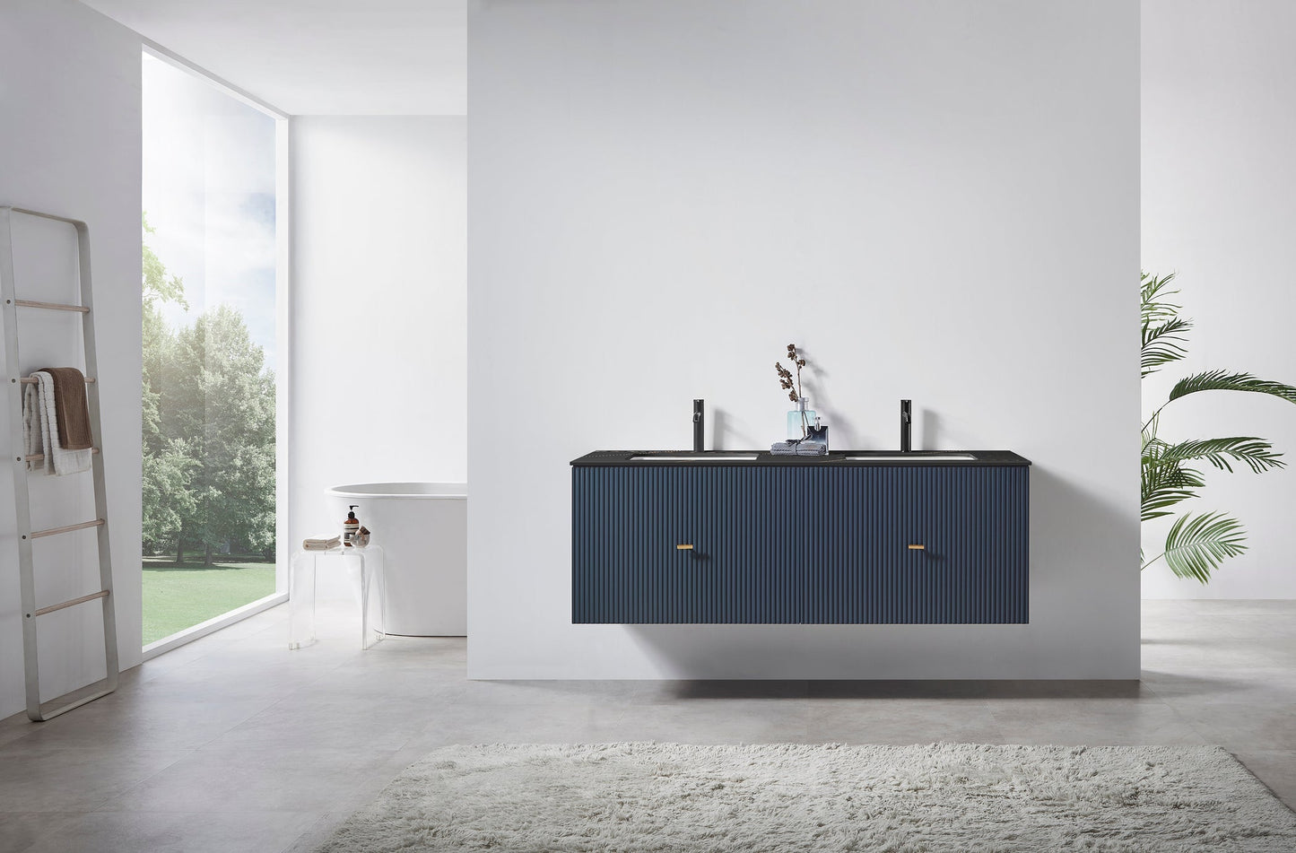 BARCELONA 60” DARK BLUE WALL MOUNT MODERN BATHROOM VANITY (BLACK COUNTERTOP)