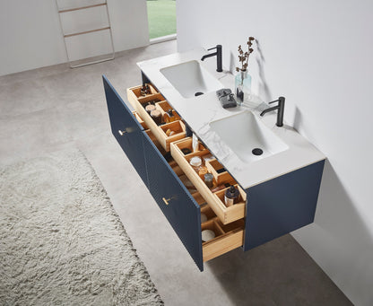 BARCELONA 60” DARK BLUE WALL MOUNT MODERN BATHROOM VANITY (WHITE COUNTERTOP)