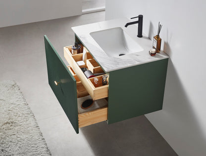 BARCELONA 30” FOREST GREEN WALL MOUNT MODERN BATHROOM VANITY (WHITE COUNTERTOP)