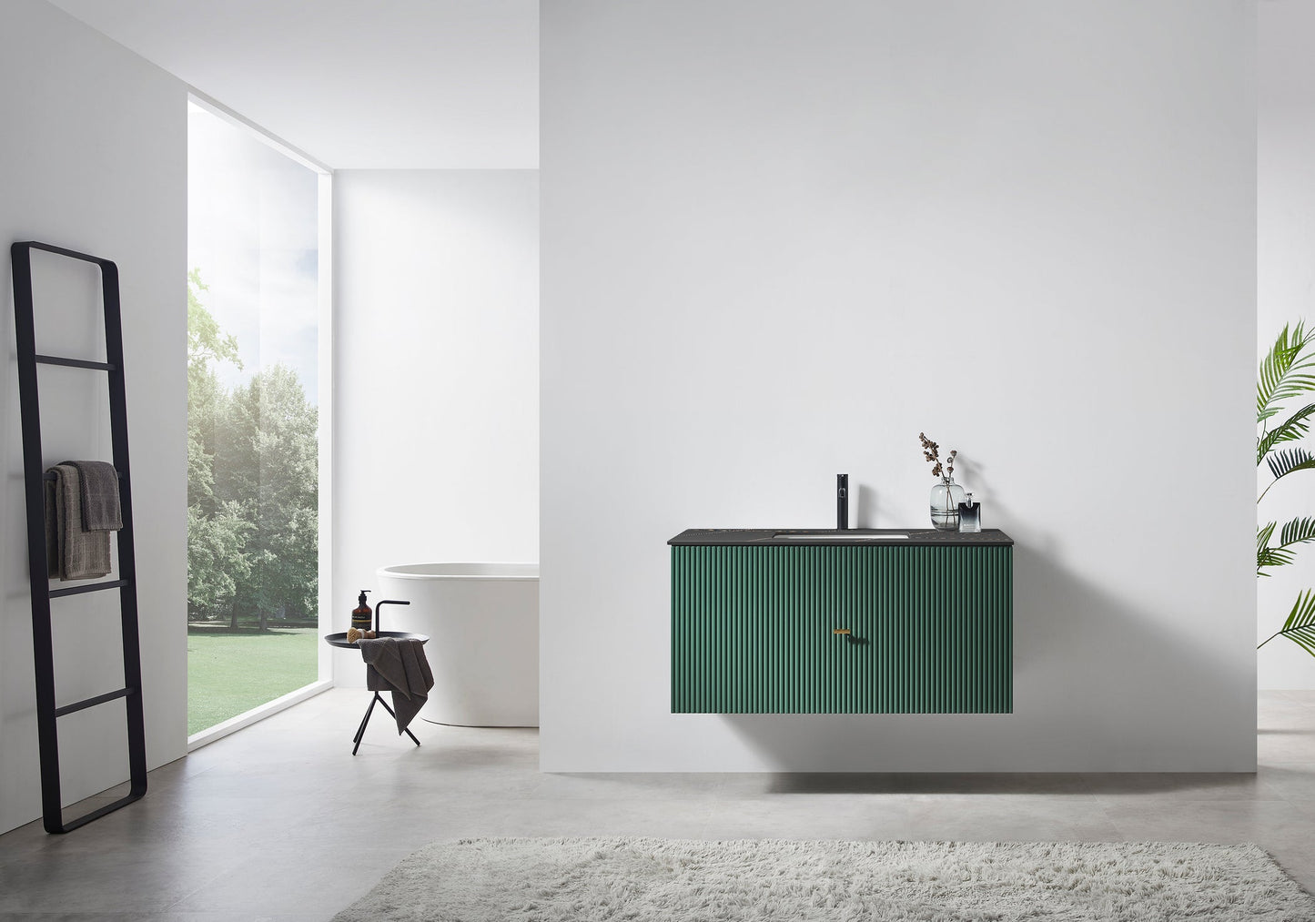 BARCELONA 42” FOREST GREEN WALL MOUNT MODERN BATHROOM VANITY (BLACK COUNTERTOP)
