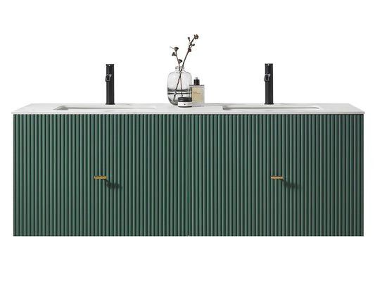 BARCELONA 60” FOREST GREEN WALL MOUNT MODERN BATHROOM VANITY (WHITE COUNTERTOP)