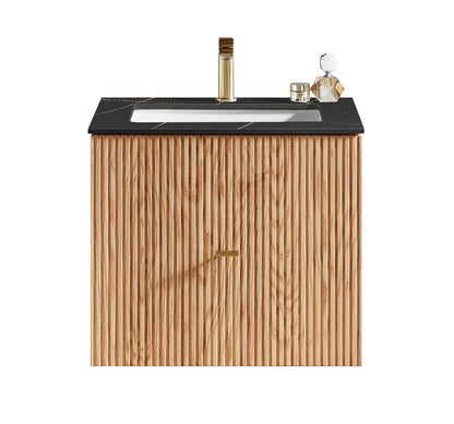 BARCELONA 24” NATURAL OAK WALL MOUNT MODERN BATHROOM VANITY (BLACK COUNTERTOP)