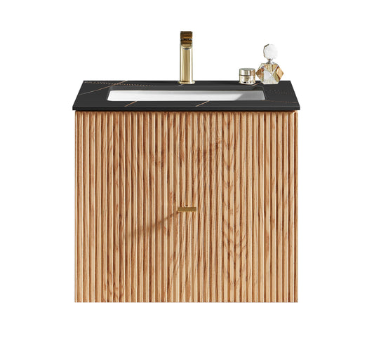 BARCELONA 24” NATURAL OAK WALL MOUNT MODERN BATHROOM VANITY (BLACK COUNTERTOP)