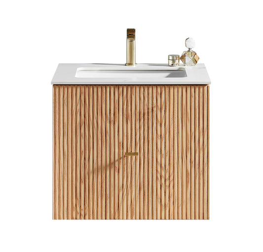 BARCELONA 24” NATURAL OAK WALL MOUNT MODERN BATHROOM VANITY (WHITE COUNTERTOP)