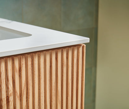 BARCELONA 24” NATURAL OAK WALL MOUNT MODERN BATHROOM VANITY (WHITE COUNTERTOP)