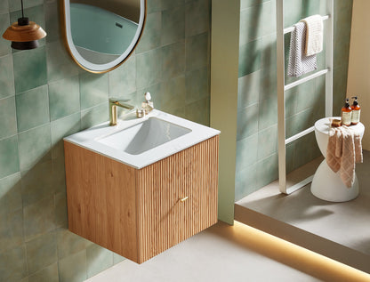 BARCELONA 24” NATURAL OAK WALL MOUNT MODERN BATHROOM VANITY (WHITE COUNTERTOP)