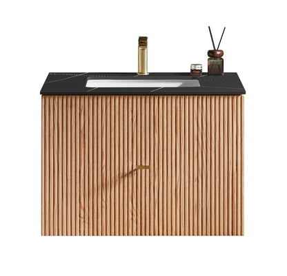 BARCELONA 30” NATURAL OAK WALL MOUNT MODERN BATHROOM VANITY (BLACK COUNTERTOP)