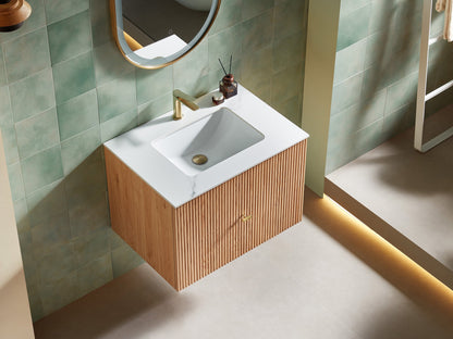BARCELONA 30” NATURAL OAK WALL MOUNT MODERN BATHROOM VANITY (WHITE COUNTERTOP)