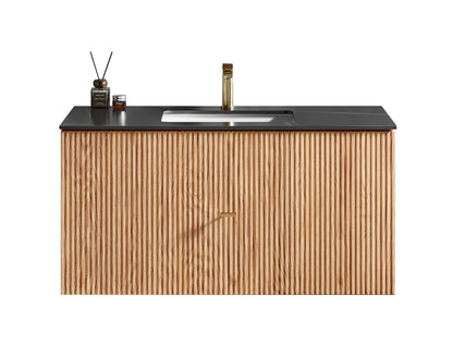 BARCELONA 42” NATURAL OAK WALL MOUNT MODERN BATHROOM VANITY (BLACK COUNTERTOP)