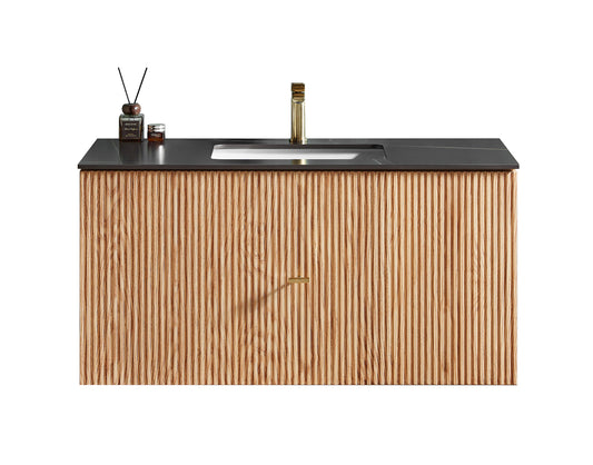 BARCELONA 42” NATURAL OAK WALL MOUNT MODERN BATHROOM VANITY (BLACK COUNTERTOP)