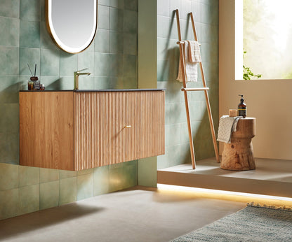 BARCELONA 42” NATURAL OAK WALL MOUNT MODERN BATHROOM VANITY (BLACK COUNTERTOP)