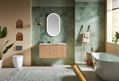 BARCELONA 42” NATURAL OAK WALL MOUNT MODERN BATHROOM VANITY (WHITE COUNTERTOP)