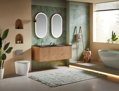 BARCELONA 60” NATURAL OAK WALL MOUNT MODERN BATHROOM VANITY (BLACK COUNTERTOP)