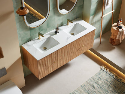 BARCELONA 60” NATURAL OAK WALL MOUNT MODERN BATHROOM VANITY (WHITE COUNTERTOP)
