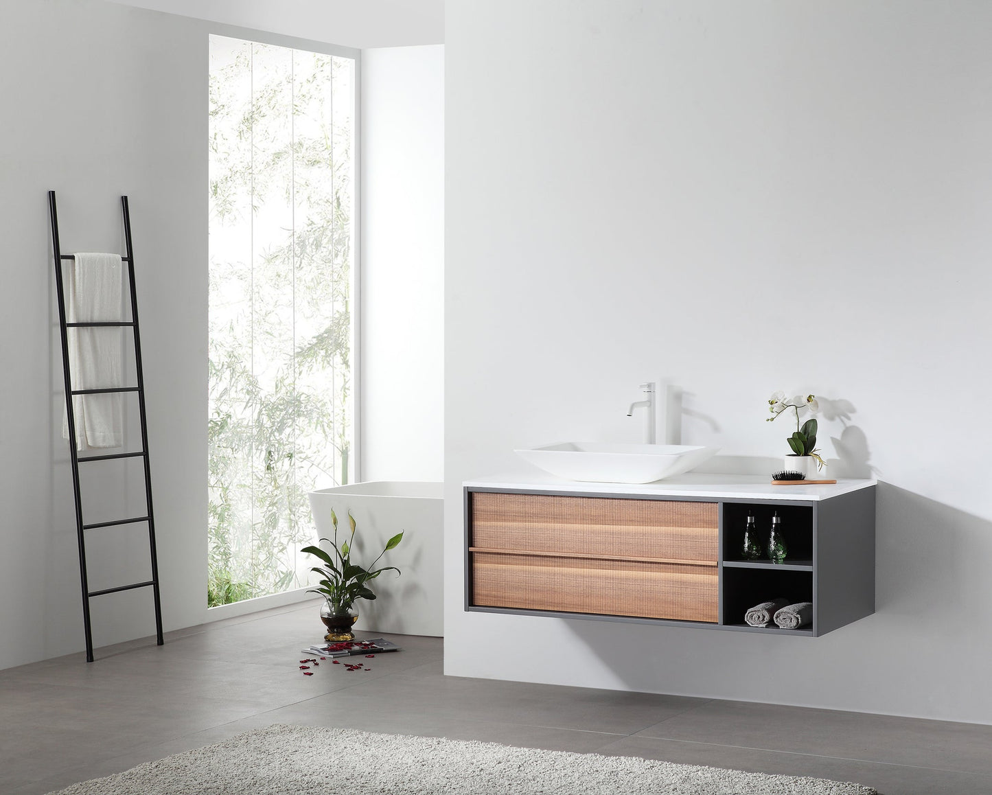 GOREME 48” WALNUT/DARK GRAY OAK WALL MOUNT MODERN BATHROOM VANITY