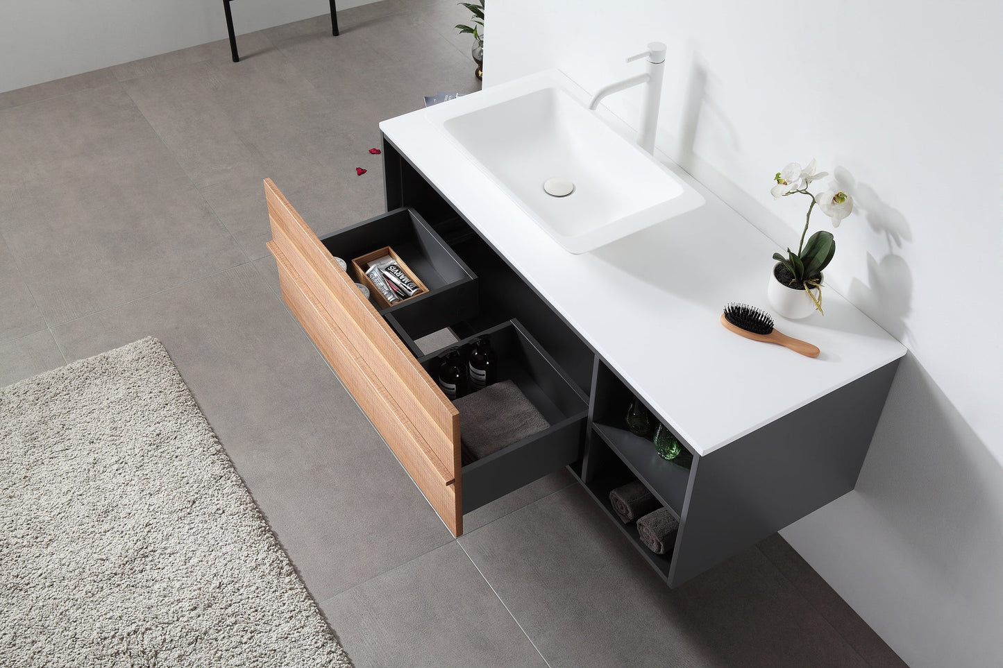 GOREME 48” WALNUT/DARK GRAY OAK WALL MOUNT MODERN BATHROOM VANITY