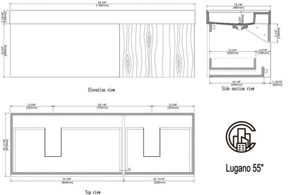 LUGANO 55” MATTE BLACK GLASS/MAPLE WALL MOUNT MODERN BATHROOM VANITY
