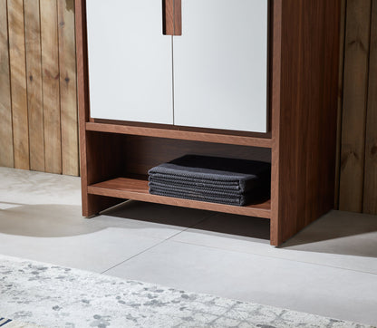 LYON 30” BEIGE/WALNUT MODERN FREESTANDING BATHROOM VANITY (WHITE COUNTERTOP)