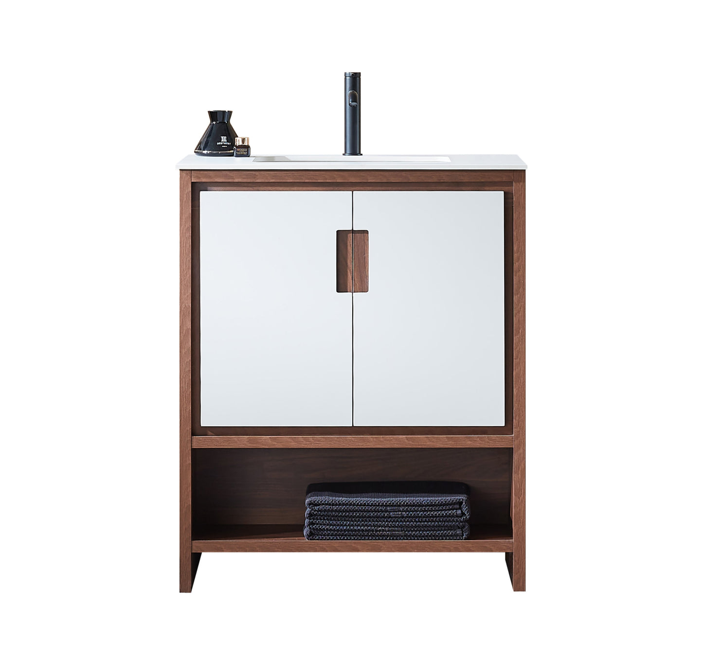 LYON 30” BEIGE/WALNUT MODERN FREESTANDING BATHROOM VANITY (WHITE COUNTERTOP)