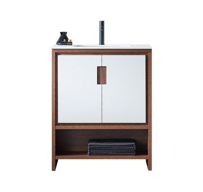 LYON 30” BEIGE/WALNUT MODERN FREESTANDING BATHROOM VANITY (WHITE COUNTERTOP)