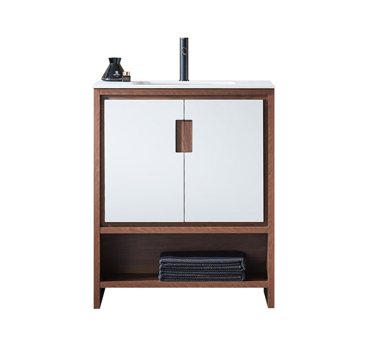 LYON 30” BEIGE/WALNUT MODERN FREESTANDING BATHROOM VANITY (WHITE COUNTERTOP)