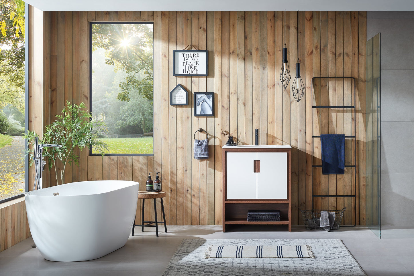 LYON 30” BEIGE/WALNUT MODERN FREESTANDING BATHROOM VANITY (WHITE COUNTERTOP)