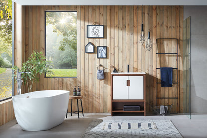 LYON 30” BEIGE/WALNUT MODERN FREESTANDING BATHROOM VANITY (WHITE COUNTERTOP)